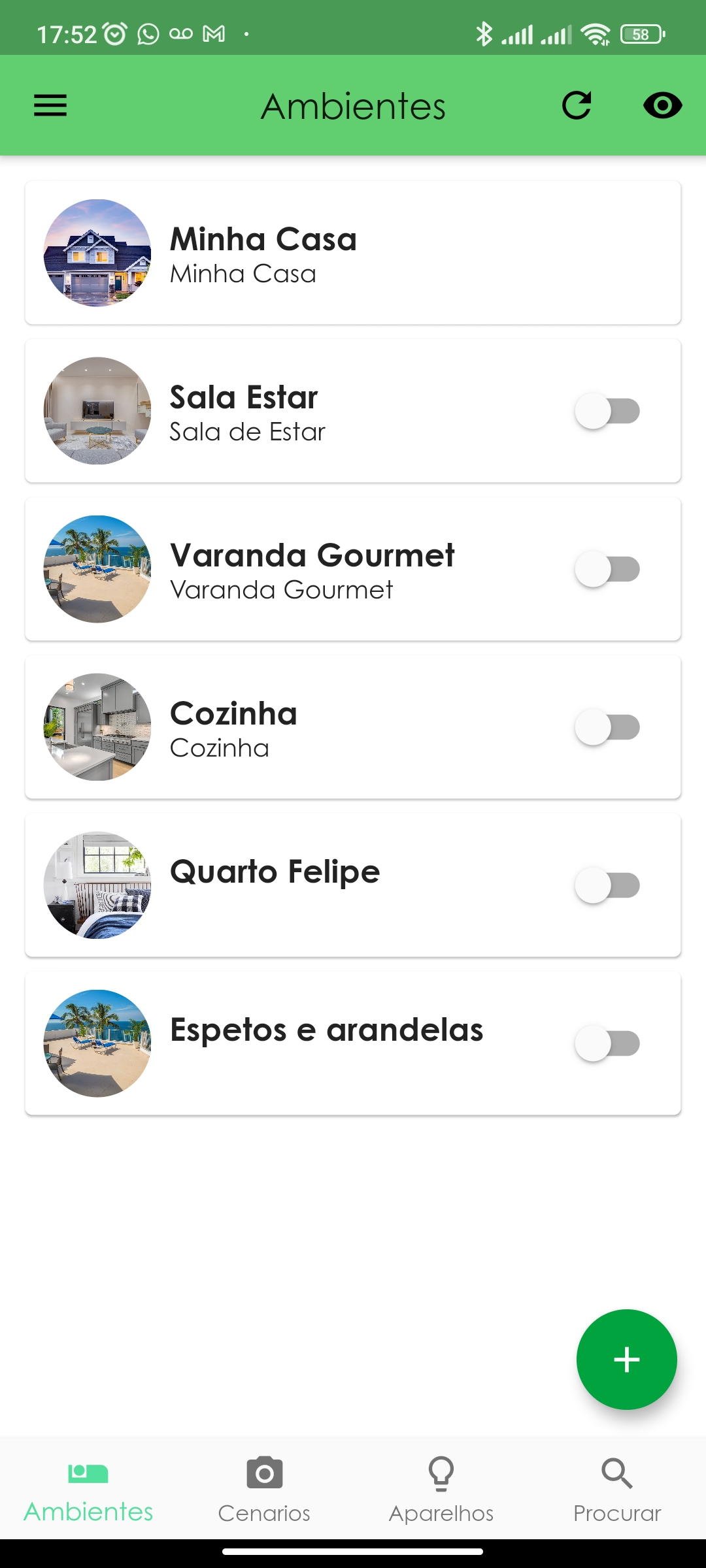 Tela principal do aplicativo Coisas Espertas Home com os ambientes da casa e seus interruptores