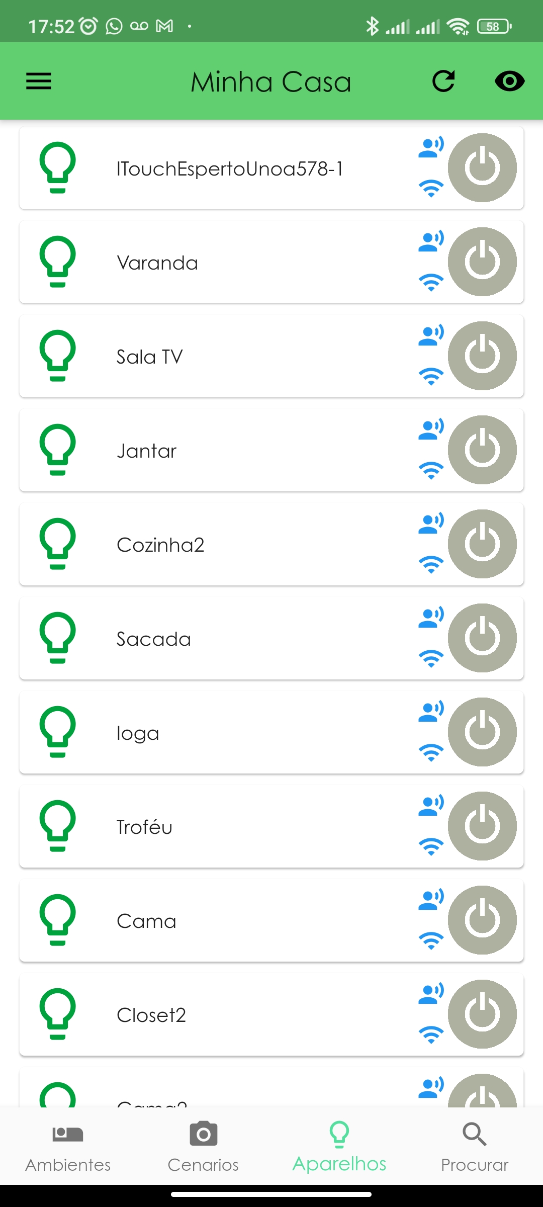 Tela do aplicativo Coisas Espertas Home exibindo a lista de aparelhos conectados
