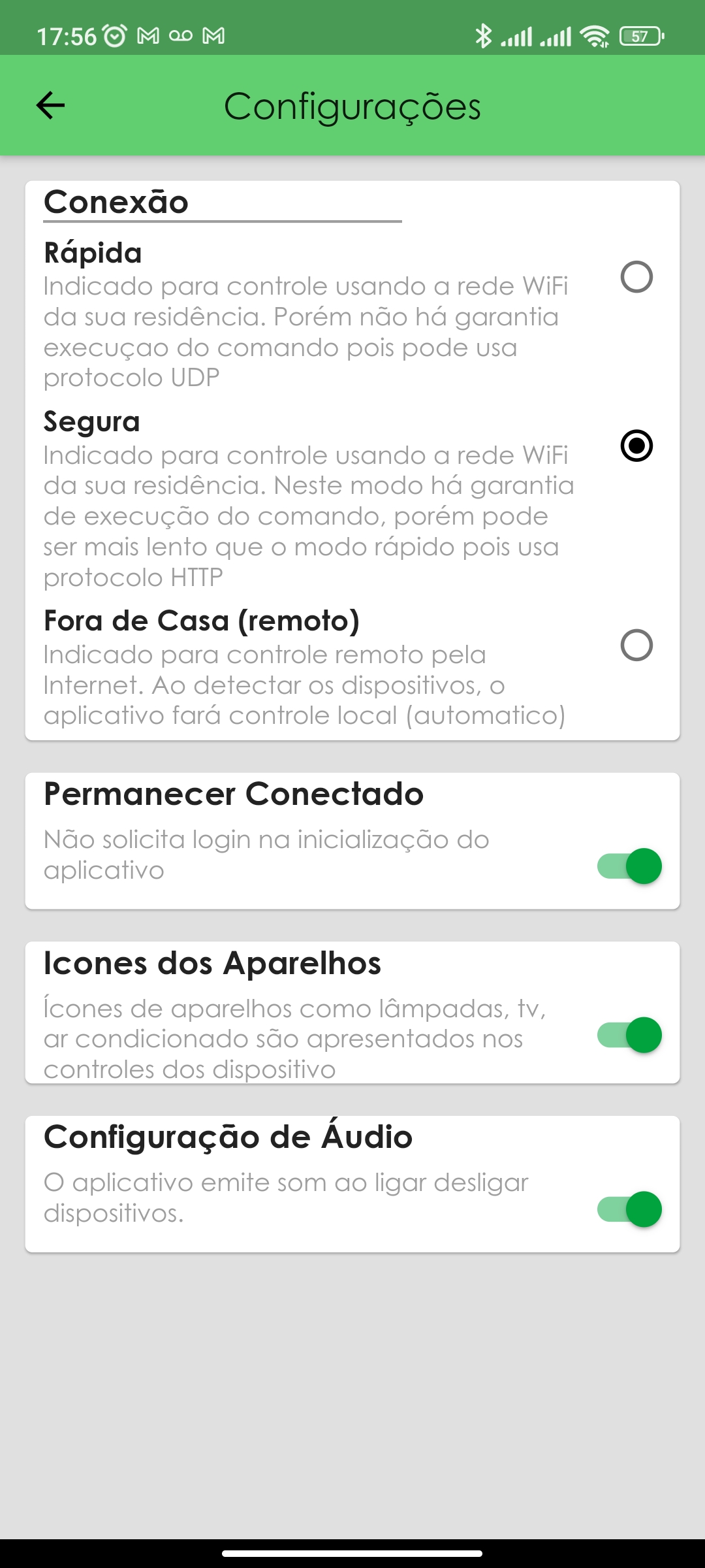 Tela de configurações do aplicativo Coisas Espertas Home, com escolha entre os modos de conexão rápida, segura e fora de casa