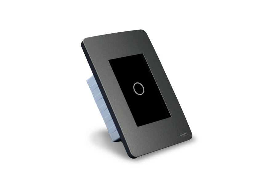 Interruptor Esperto touch de uma tecla, com painel preto e moldura grafite
